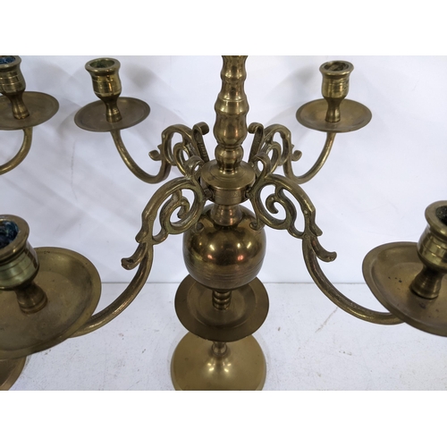 327 - Mixed metalware to include an oil lamp, a pair of four branch candelabras and a box of assorted weig... 