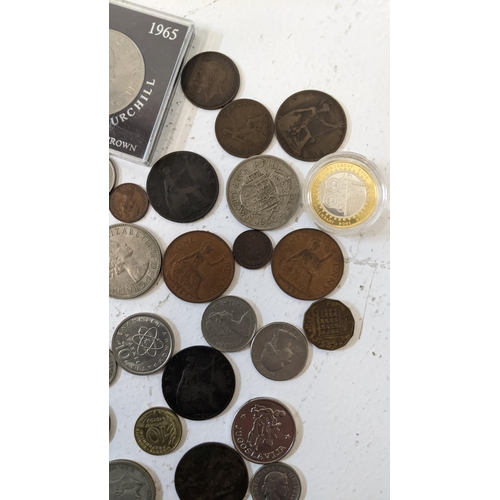 352 - A collection of mixed coins, Rocket silver proof £2, Churchill Crown, 1/2 Silver florins, pennies an... 