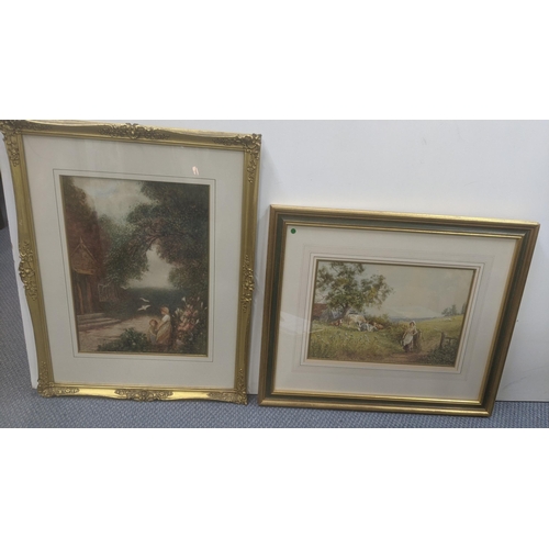 434 - Two framed and glazed watercolours, Horace Millburne c1900 depicting a countryside farm with a girl ... 