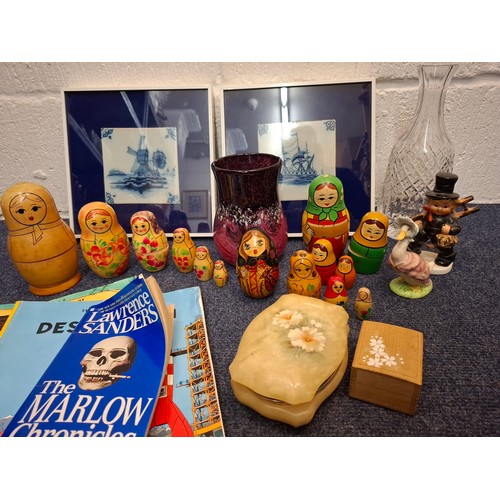 195 - Mixed 20th Century household items to include wooden nesting dolls, Tintin books, 2 framed Delft til... 