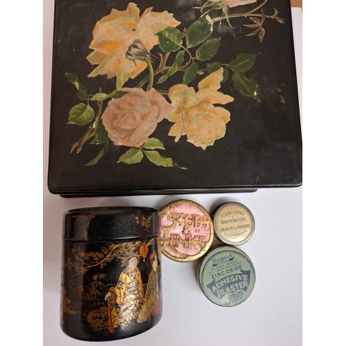 127 - Vintage sewing related items, decorative boxes to include an Oriental black lacquered box, vintage b... 