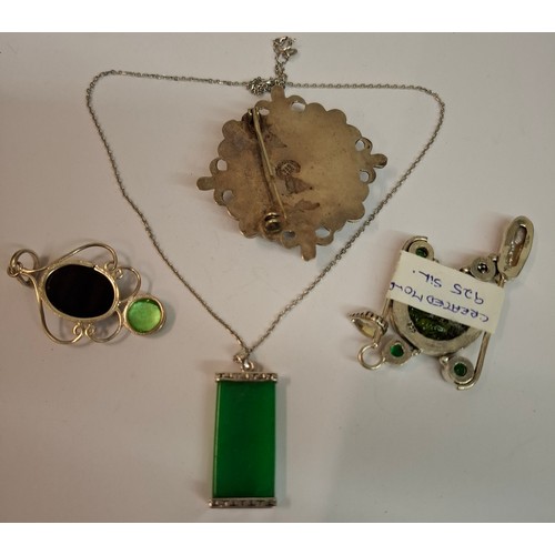 135 - A modern Chinese silver and green jade necklace and other silver, white metal and green cabochon  an... 