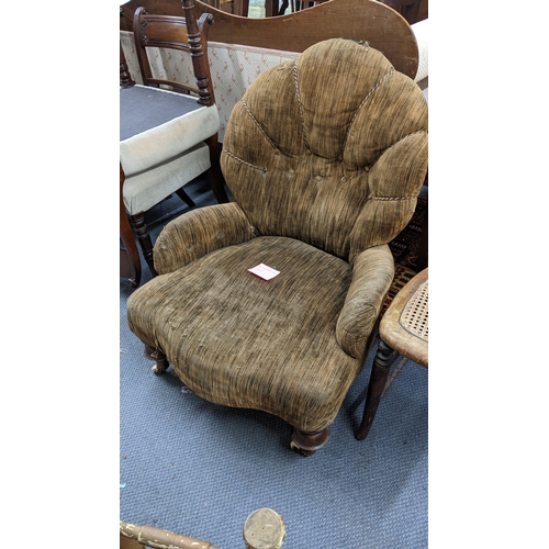 152 - A Victorian fan back upholstered nursing chair together with an early 20th century seated capeside c... 