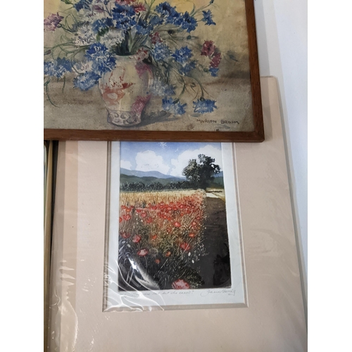 166 - Pictures to include two Marion Broom still life of flowers, watercolours, a rural scene, oil on canv... 