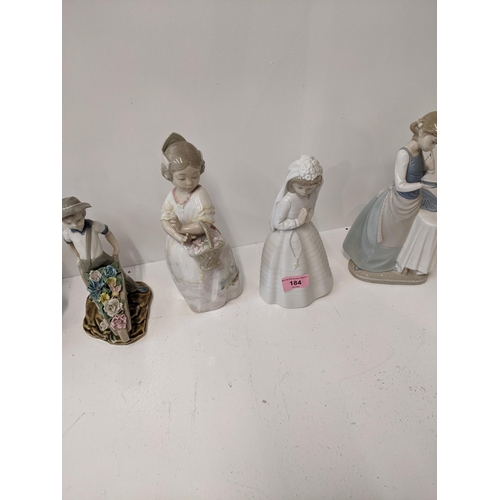 184 - LLadro and nao porcelain figures to include 'Curios girl with straw hat' 'Girl ironing' 'Girl prayin... 