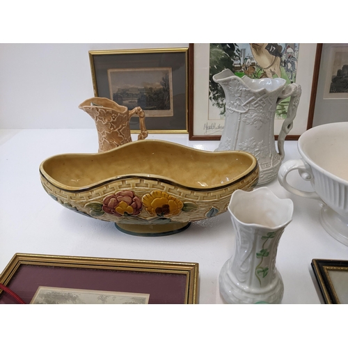 226 - A mixed lot to include a Spode Corinthian twin handled dish, a Beleek vase with clover design, frame... 