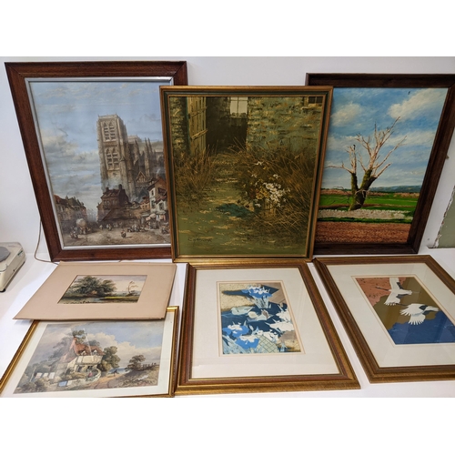 241 - Pictures to include three late 19th century watercolours, a print, Chadwick - oil on canvas, and two... 