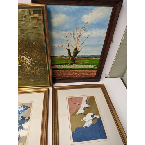 241 - Pictures to include three late 19th century watercolours, a print, Chadwick - oil on canvas, and two... 