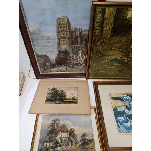 241 - Pictures to include three late 19th century watercolours, a print, Chadwick - oil on canvas, and two... 