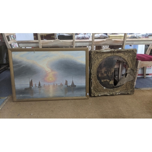 473 - Two paintings to include a 19th century gilt moulded frame with canvas depicting cows and chickens r... 