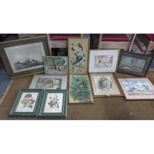 478 - A group of framed paintings and prints to include watercolours depicting birds amongst flowers, a co... 