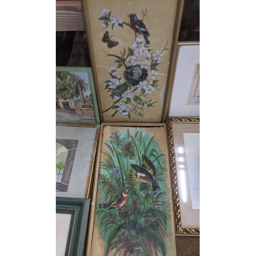 478 - A group of framed paintings and prints to include watercolours depicting birds amongst flowers, a co... 