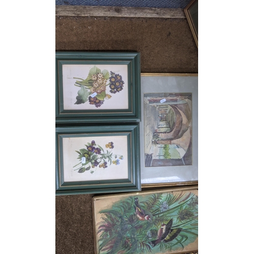 478 - A group of framed paintings and prints to include watercolours depicting birds amongst flowers, a co... 