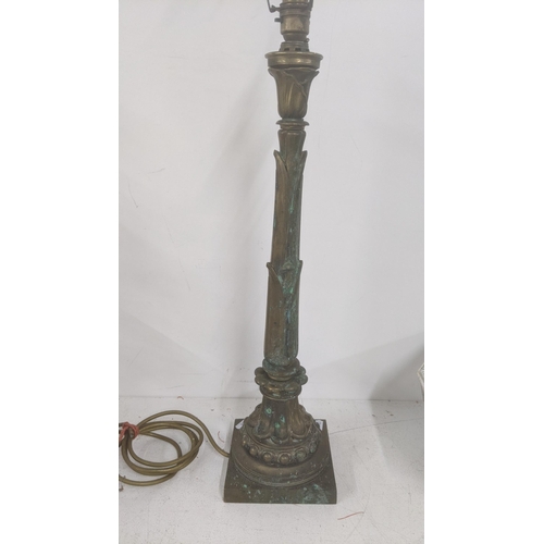 483 - A gilt metal late 19th century tall table lamp having feather-like flowers, on a square base, 60cm h... 