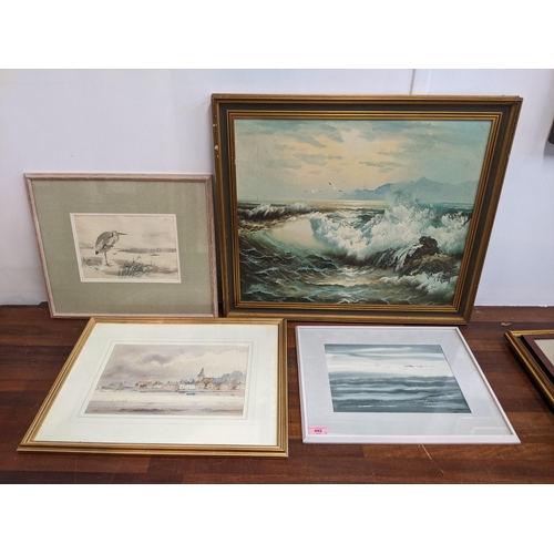 492 - Four pictures to include three coastal scenes and another depicting a bird on a riverbank
Location: ... 