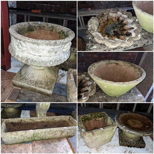 378 - Mixed garden stoneware items to include a trough planter, bird bath, urn shaped planter and other it... 