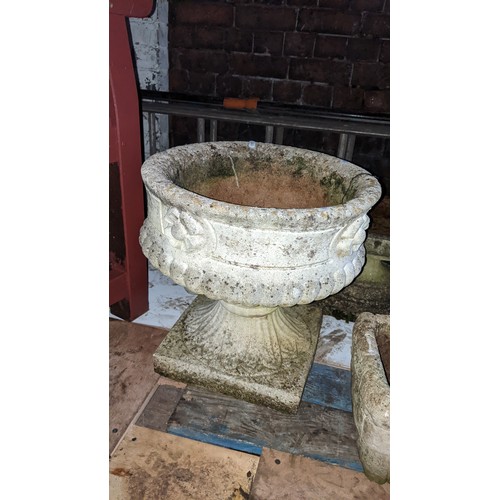 378 - Mixed garden stoneware items to include a trough planter, bird bath, urn shaped planter and other it... 