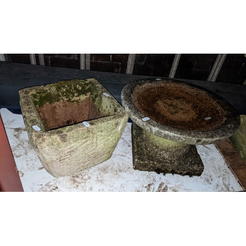 378 - Mixed garden stoneware items to include a trough planter, bird bath, urn shaped planter and other it... 