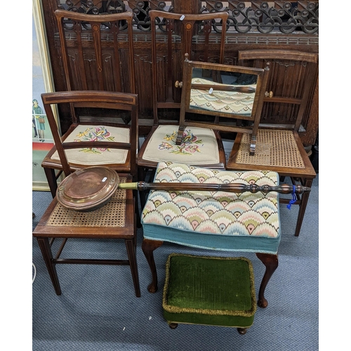 298 - Mixed furniture to include four early 20th century chairs, two stools, a warming pan and a dressing ... 