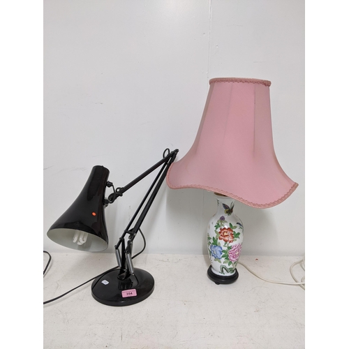 354 - A black finished anglepoise table lamp, and a Chinese porcelain table lamp on wooden stand with fabr... 