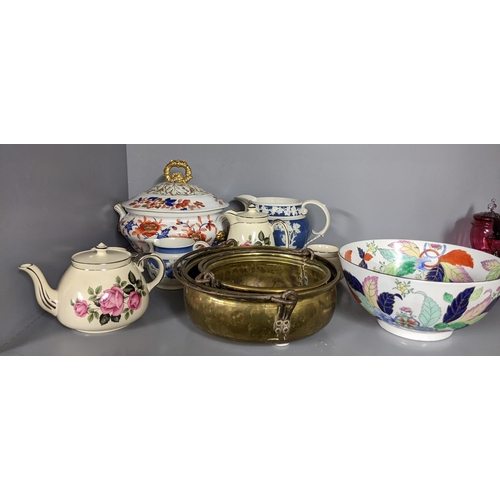 451 - 19th century and later ceramics to include a tureen and cover, Tunstall style jugs, brass bowls and ... 