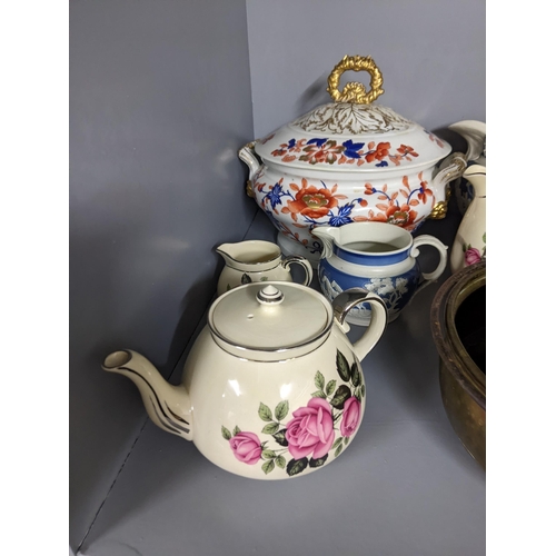 451 - 19th century and later ceramics to include a tureen and cover, Tunstall style jugs, brass bowls and ... 