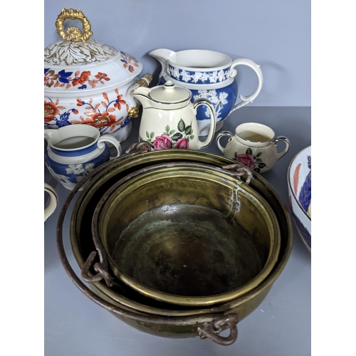 451 - 19th century and later ceramics to include a tureen and cover, Tunstall style jugs, brass bowls and ... 