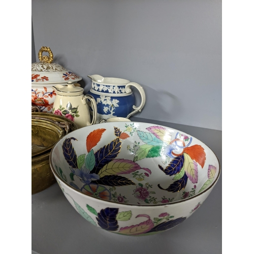 451 - 19th century and later ceramics to include a tureen and cover, Tunstall style jugs, brass bowls and ... 