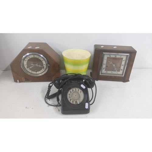 465 - A mixed lot to include vintage Rotary dial face telephone, two mid 20th century mantel clocks and a ... 