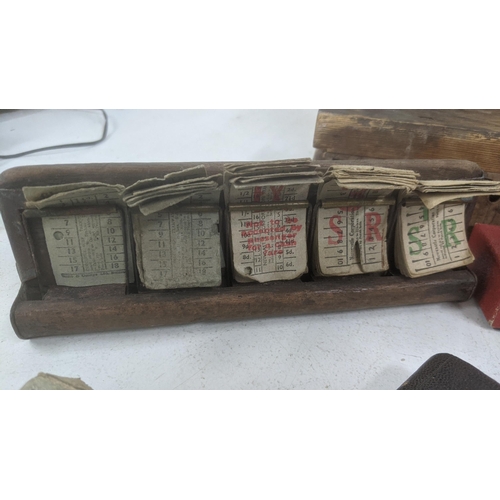 533 - A mixed lot to include a cigar mould, vintage bus tickets and playing cards, a picture album box, ca... 