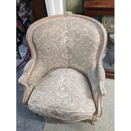 188 - An antique armchair on four turned legs with carved flower motif to top centre Location: G
If there ... 