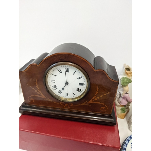 190 - A mixed lot of ceramics and other items to include an Edwardian mantel clock with Roman dial, three ... 