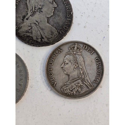 87 - A collection of mixed coins to include, George III Garter Crown A/F, 1820 Crown, x2 1935 Rocking Hor... 