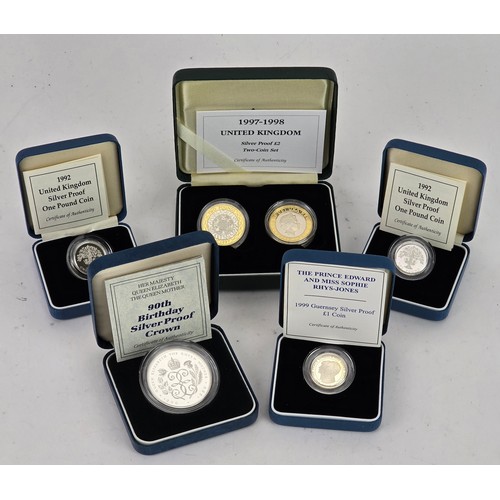 90 - Royal Mint - a collection of three Silver Proof One Pound Coins, x2 1992, and 1999 along with a 90th... 