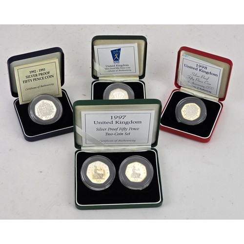 92 - Royal Mint - Silver Proof Fifty Pence, to include, Dual Date 1992/1993, 1997 Two-Coin Set, 1998 EEC,... 