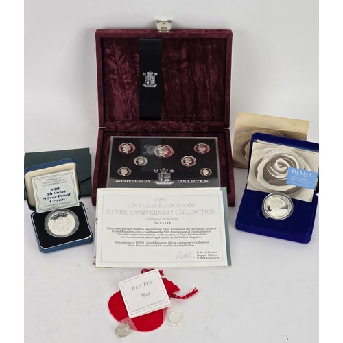 95 - Royal Mint - 1996 UK Silver Anniversary Collection, 1997 Diana Memorial Silver Crown, Queen Mother 9... 