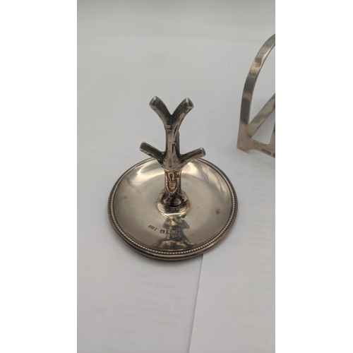 17 - Silver to include ring holder fashioned as a tree hallmarked Birmingham 1903 together with toast rac... 