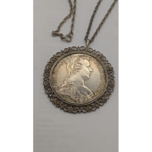 20 - A 1780 Austrian Maria Theresa silver coin mounted in a silver pendant on a sterling silver necklace ... 