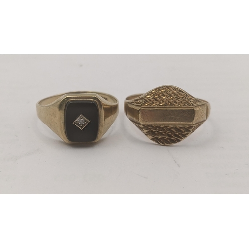 35 - Two 9ct yellow gold gents signet rings to include a black onyx and diamond example and one other, 5.... 