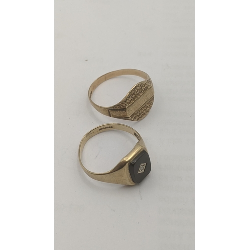 35 - Two 9ct yellow gold gents signet rings to include a black onyx and diamond example and one other, 5.... 