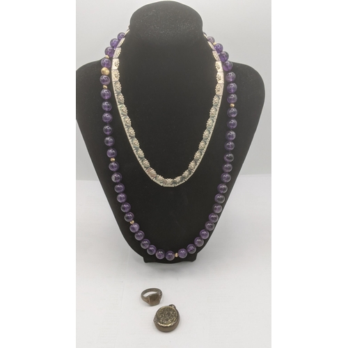 50 - Amethyst beaded necklace with gilt metal wrythen ball spacers, a West German 925 silver fringe neckl... 