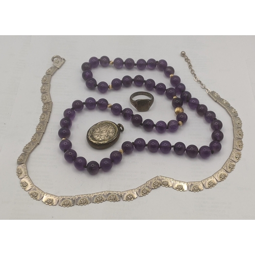 50 - Amethyst beaded necklace with gilt metal wrythen ball spacers, a West German 925 silver fringe neckl... 