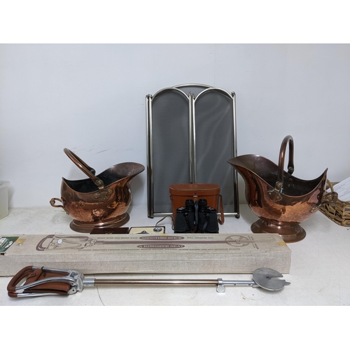 333 - A mixed lot to include two Victorian copper and coal scuttles, leather cased Zenith binoculars, a bo... 