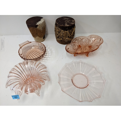 422 - Early 20th century pink glass to include dishes and a vase, and two African skin drums
Location: GR
... 