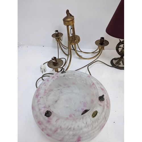 435 - A 1930's glass ceiling lamp shade with a Christopher Wray sticker along with another glass ceiling l... 