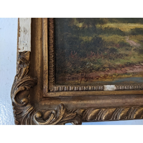 442 - Two paintings to include oil on canvas depicting a rural scene in a gilt frame signed 'David Payne' ... 