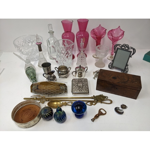 449 - A collection of glassware and metalware to include a pair of continental cranberry glass vases A/F, ... 