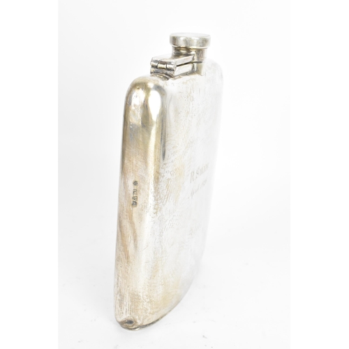 187 - A George V silver hip flask, by Stewart Dawson & Co, hallmarked Chester 1918, of curved form, engrav... 