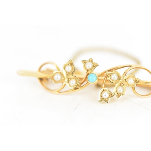 20 - An Edwardian turquoise and seed pearl 15ct yellow gold bar brooch, fashioned as entwined flowers wit... 