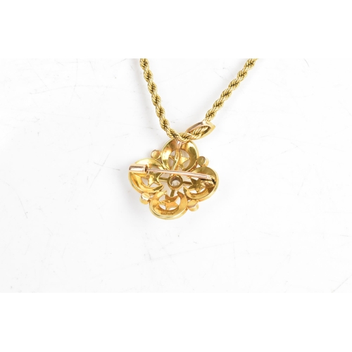 21 - A Victorian diamond and seed pearl 15ct gold pendant and 15ct gold necklace, the pendant fashioned a... 